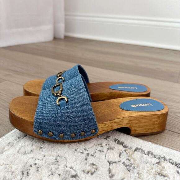 NIB Larroude Zuzi Slip On Platform Sandals in Blue Denim sz 7 - Picture 7 of 11